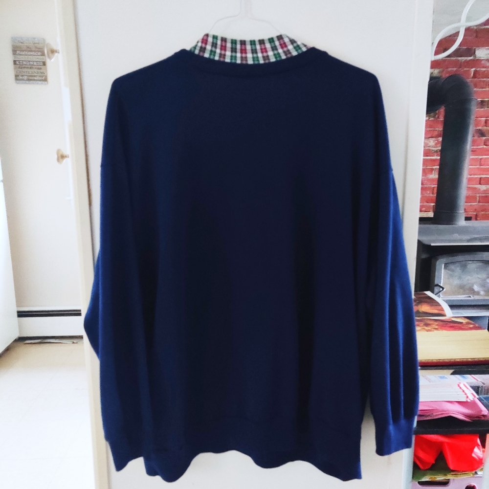 💙SOLD💙 VINTAGE 80s Teddy Bear Plaid Mock Neck Navy Crewneck Sweater XXL - Picture 8 of 9
